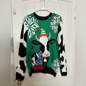 Festive Cow Print Sweater - Green and Black